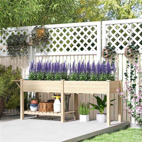 Outsunny Raised Flower Bed w/ Side Work Shelf and Lower Storage Shelf - Natural