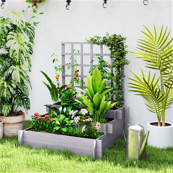 Outsunny 3-Tier Raised Garden Bed w/ Trellis for Climbing Plants