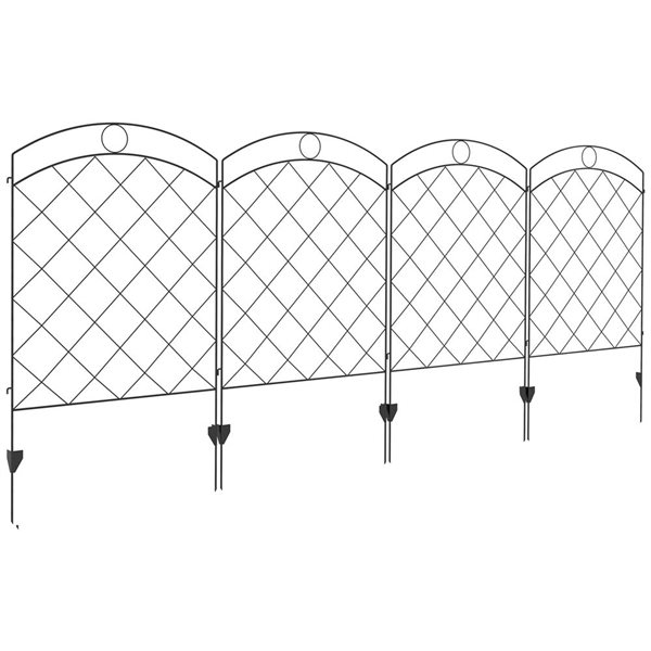 Outsunny 4-Panel Steel Garden Fence Flower Edging 11.4-ft w/ Ground Stakes - Black