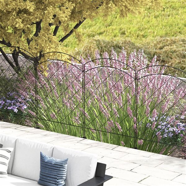 Outsunny 4-Panel Steel Garden Fence Flower Edging 11.4-ft w/ Ground Stakes - Black
