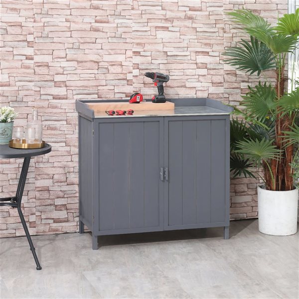 Outsunny Outdoor Potting Table/Tool Cabinet w/ Galvanized Top - Grey