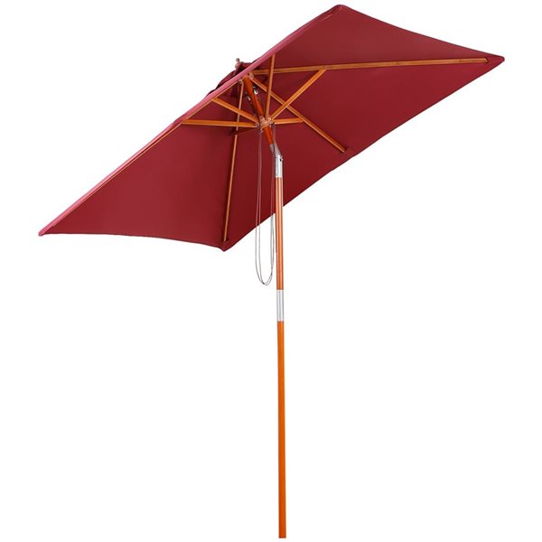 Outsunny 6.6 x 5-ft Wooden/Polyester Rectangle Market Umbrella w/ Pull Rope Mechanism - Wine Red