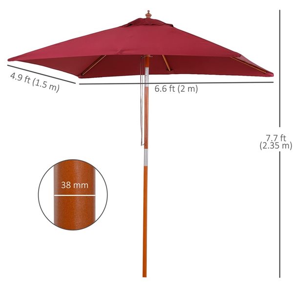 Outsunny 6.6 x 5-ft Wooden/Polyester Rectangle Market Umbrella w/ Pull Rope Mechanism - Wine Red