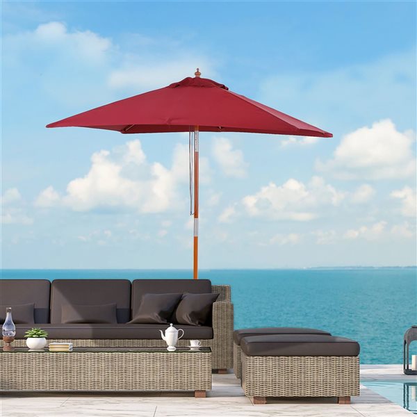 Outsunny 6.6 x 5-ft Wooden/Polyester Rectangle Market Umbrella w/ Pull Rope Mechanism - Wine Red