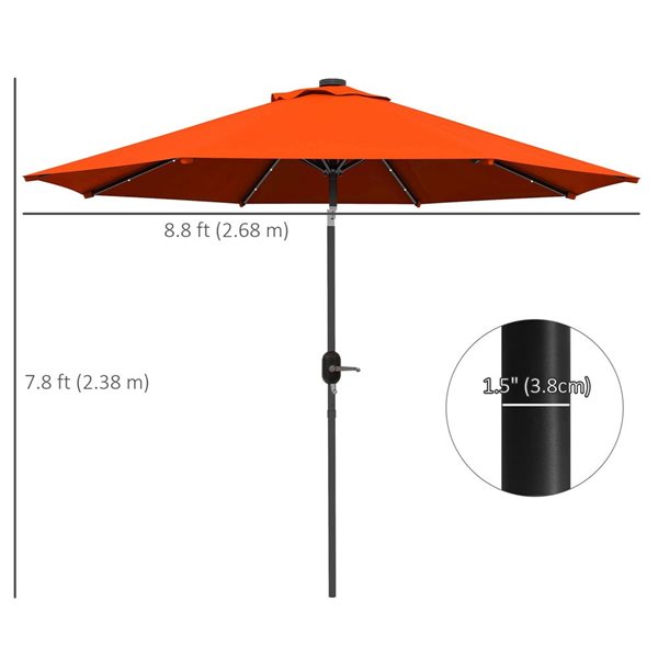 Outsunny 8.8-ft Solar LED Tilt Patio Umbrella with Crank Handle - Orange
