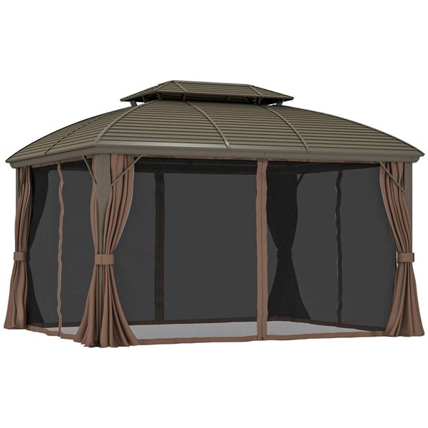 Outsunny 10 x 12-ft Brown Hard Top Gazebo w/ Curtains and Netting