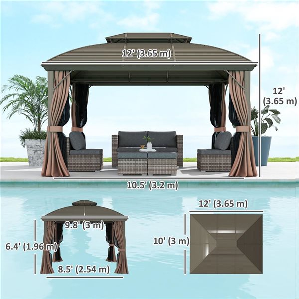 Outsunny 10 x 12-ft Brown Hard Top Gazebo w/ Curtains and Netting