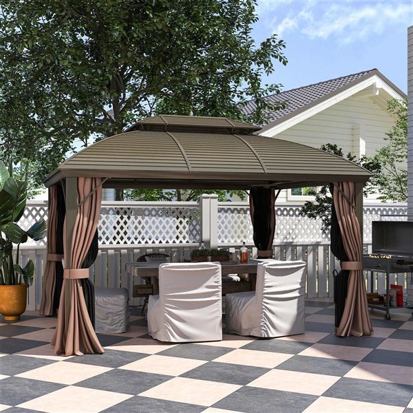 Outsunny 10 x 12-ft Brown Hard Top Gazebo w/ Curtains and Netting