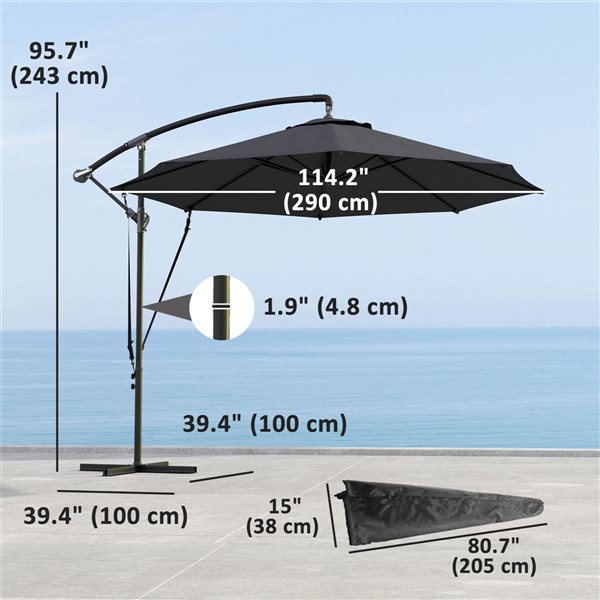 Outsunny UPF 50+ 9.5-ft Cantilever Patio Umbrella with Wind Straps and Cover - Grey