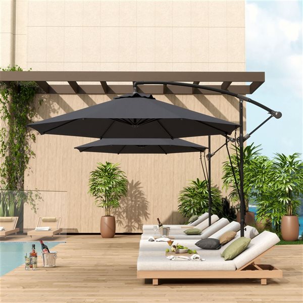 Outsunny UPF 50+ 9.5-ft Cantilever Patio Umbrella with Wind Straps and Cover - Grey