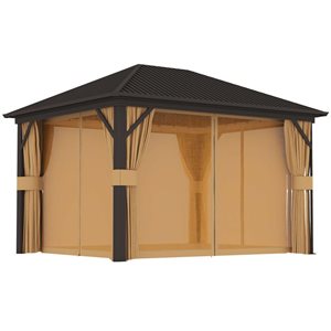 Abri-soleil rectangulaire avec toit rigide en métal Outsunny 10 x 12 pi en brun