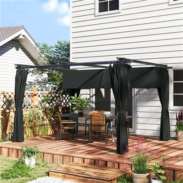Outsunny 10 x 13-ft Polyester/Black Metal Retractable Pergola Canopy with 4 Curtains