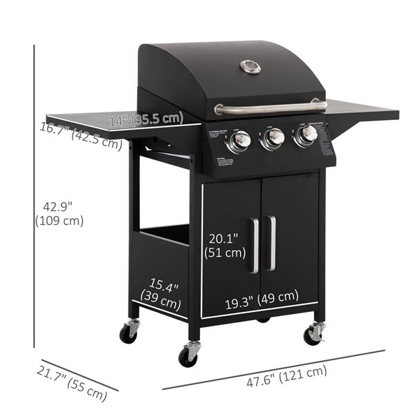 Outsunny Smart Grill Black 3-Burner Propane Gas Grill w/ Wheels