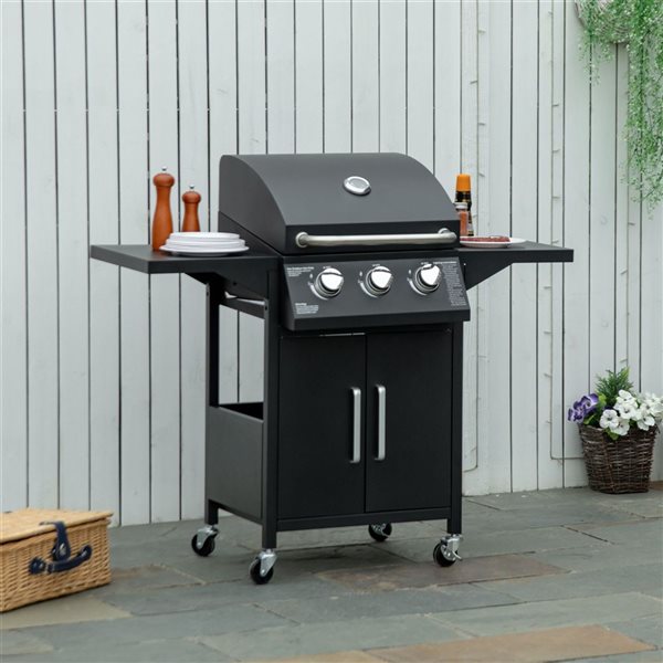 Outsunny Smart Grill Black 3-Burner Propane Gas Grill w/ Wheels