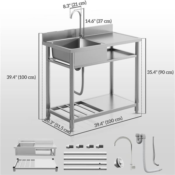 Évier De Jardin Extérieur, évier Portable avec Robinet D'eau Chaude Et Froide Évier Sur Pieds En Acier Inox avec étagère De Rangement Et Porte-Serviettes Pour Buanderie Garage Sous-Sol ( Size : 35x48x