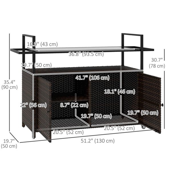 Chariot de service extérieur Outsunny 51,2 l. x 19,7 p. x 35,4 po h. rotin PE mélange de bruns avec tablette et armoire