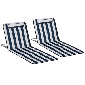 Outsunny Set of 2 Blue Stripped Folding Outdoor Lounge Chairs w/ Pillow