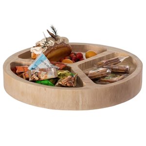 Vintiquewise Round Wooden Snack Tray for Dining Table w/ 3 Sections