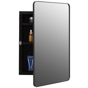 Basicwise Medicine Cabinet w/ Bevelled Edge Mirror Door + Round Corner Frame and 2 Adjustable Shelves - Black