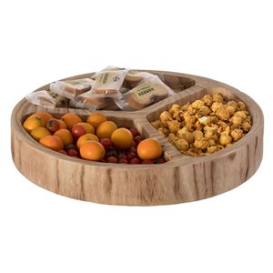 Vintiquewise Round Wooden Snack Tray for Dining Table w/ 3 Sections - Burned Wood Finish