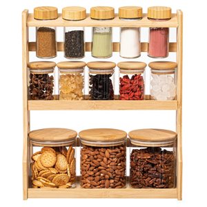 Basicwise Versatile 3-Tier Bamboo Spice Rack and Pantry Organizer w/ 13 Glass Jars