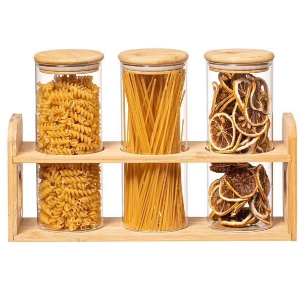 Basicwise 3 Pcs 887-ml Glass Jars w/ Bamboo Shelf for Storing Ground Coffee/Sugar/Beans/Grains