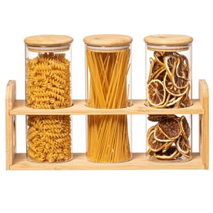 Basicwise 3 Pcs 887-ml Glass Jars w/ Bamboo Shelf for Storing Ground Coffee/Sugar/Beans/Grains
