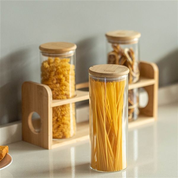 Basicwise 3 Pcs 887-ml Glass Jars w/ Bamboo Shelf for Storing Ground Coffee/Sugar/Beans/Grains