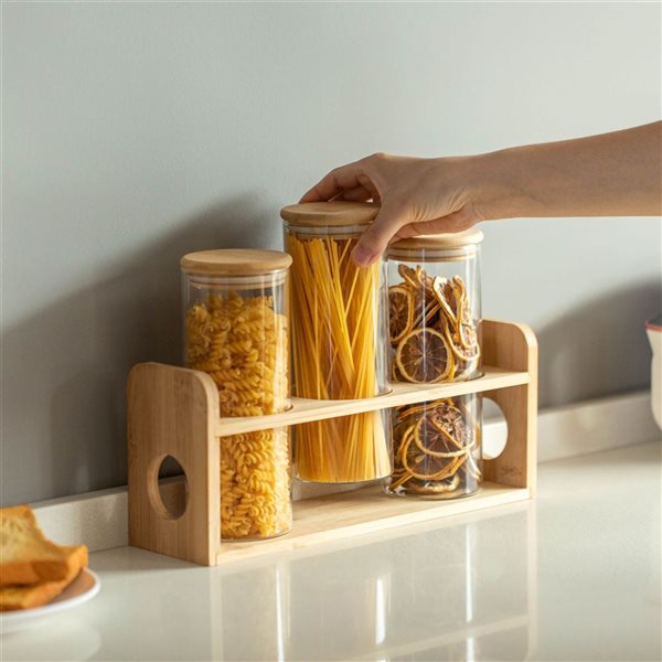 Basicwise 3 Pcs 887-ml Glass Jars w/ Bamboo Shelf for Storing Ground Coffee/Sugar/Beans/Grains