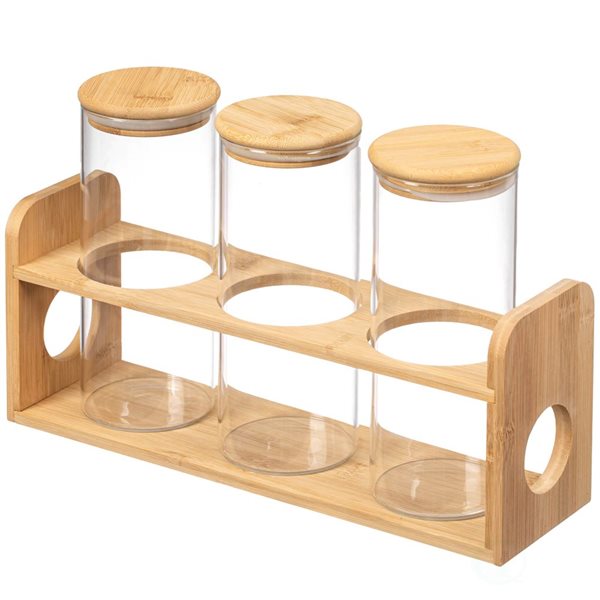 Basicwise 3 Pcs 887-ml Glass Jars w/ Bamboo Shelf for Storing Ground Coffee/Sugar/Beans/Grains