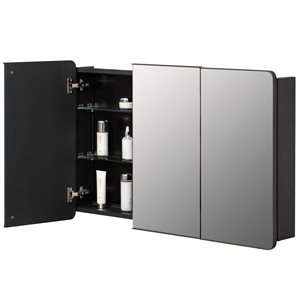 Basicwise 3-Door Aluminum Bathroom Medicine Cabinet w/ Round Framed Mirrored Door + Glass Shelves - Black
