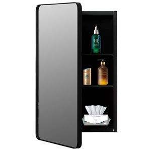 Basicwise Bathroom Medicine Cabinet w/ Bevelled Edge Mirror and Sleek Round Corner Frame + 2 Shelves - Black