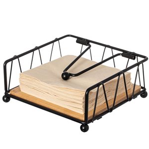 Basicwise Flat Metal Square Napkin Holder w/ Weighted Arm + Wooden Tray