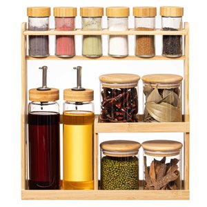 Basicwise 3-Tier Bamboo Spice Rack w/ 6 Spice Shaker Bottles + 4 Airtight Jars + 2 Soy Sauce/Olive Oil Dispenser Bottles