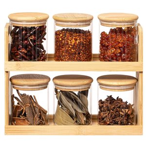 Basicwise Versatile 2-Tier Bamboo Spice Rack and Pantry Organizer w/ 6 Glass Jars