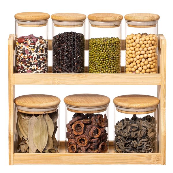 Basicwise Versatile 2-Tier Bamboo Spice Rack and Pantry Organizer w/ 7 ...