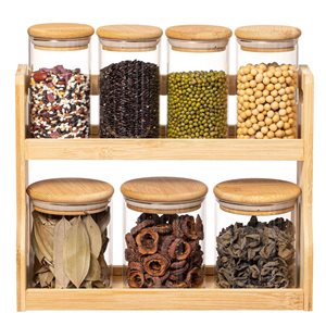 Basicwise Versatile 2-Tier Bamboo Spice Rack and Pantry Organizer w/ 7 Glass Jars