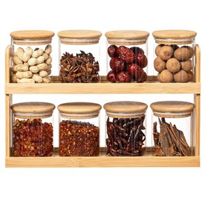 Basicwise Versatile 2-Tier Bamboo Spice Rack and Pantry Organizer w/ 8 Glass Jars