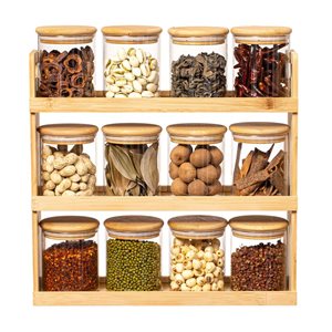 Basicwise Versatile 3-Tier Bamboo Spice Rack and Pantry Organizer w/ 12 Glass Jars