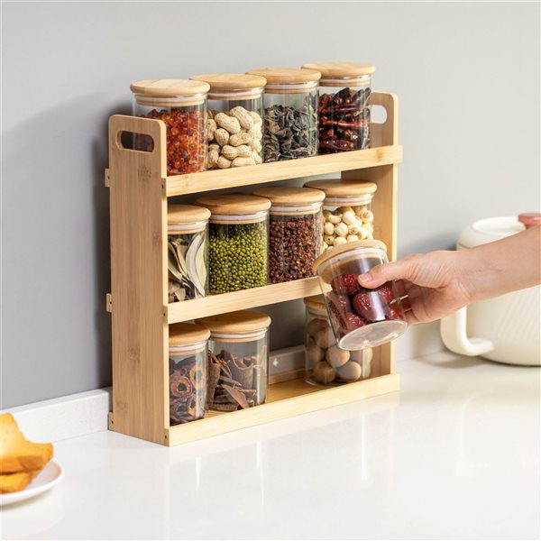 Basicwise Versatile 3-Tier Bamboo Spice Rack and Pantry Organizer w/ 12 Glass Jars