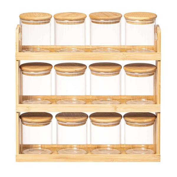 Basicwise Versatile 3-Tier Bamboo Spice Rack and Pantry Organizer w/ 12 Glass Jars