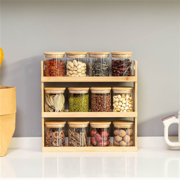 Basicwise Versatile 3-Tier Bamboo Spice Rack and Pantry Organizer w/ 12 Glass Jars