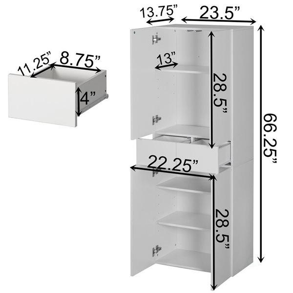 Basicwise 66-in Multifunctional Kitchen Pantry Double Cabinet w/ 4 Doors + 3 Adjustable Shelves + 1 Drawer - White