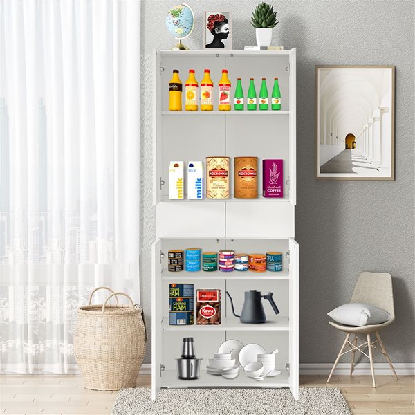 Basicwise 66-in Multifunctional Kitchen Pantry Double Cabinet w/ 4 Doors + 3 Adjustable Shelves + 1 Drawer - White