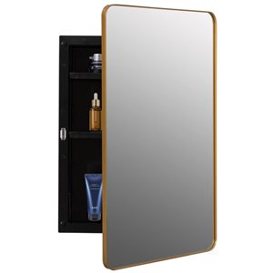 Basicwise Medicine Cabinet w/ Bevelled Edge Mirror Door and Round Corner Frame + 2 Adjustable Shelves - Gold