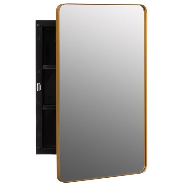 Basicwise Medicine Cabinet w/ Bevelled Edge Mirror Door and Round Corner Frame + 2 Adjustable Shelves - Gold