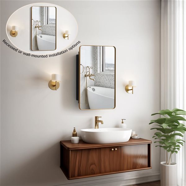 Basicwise Medicine Cabinet w/ Bevelled Edge Mirror Door and Round Corner Frame + 2 Adjustable Shelves - Gold