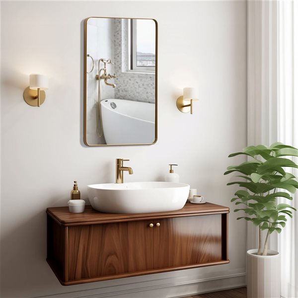 Basicwise Medicine Cabinet w/ Bevelled Edge Mirror Door and Round Corner Frame + 2 Adjustable Shelves - Gold