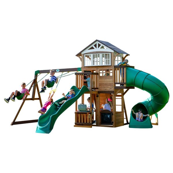 Ensemble de jeux et balançoires Bristol Point Backyard Discovery résidentiel en bois avec 2 glissades et maisonnette