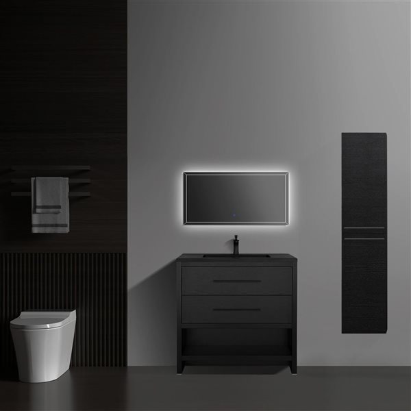 GEF Brinley Wall-Mount Black Oak MDF Linen Cabinet with Matte Black Handles